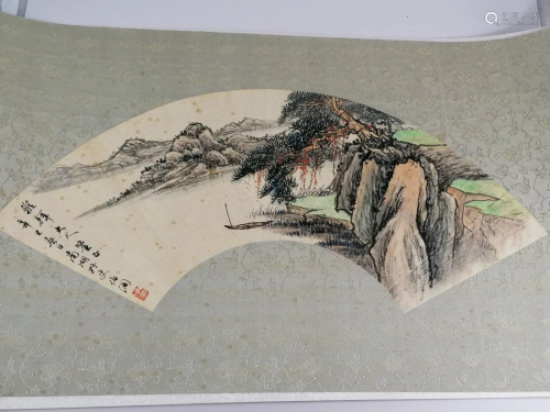 A Fine Chinese watercolour land-mountain scape Fan leaf