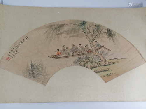 Chinese fan painting by Xu Ju'an (1890-1964),Riverscape