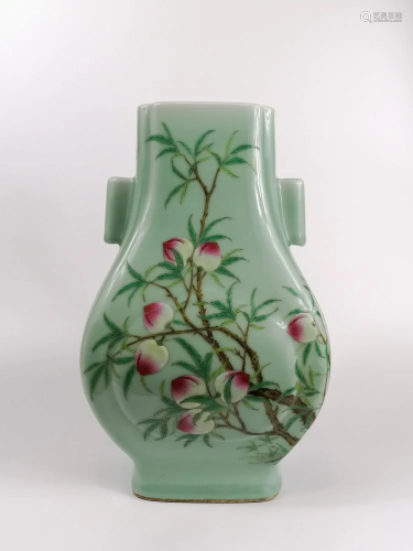 A Chinese Enamelled Celadon Peaches vase Hu