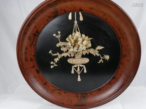 A large Japanese Meiji Period bone carved flower plate