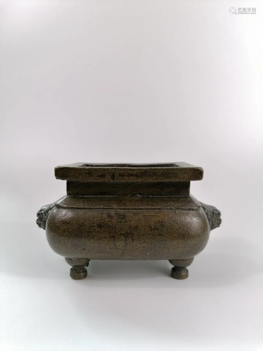 Chinese lion mask square Bronze censer