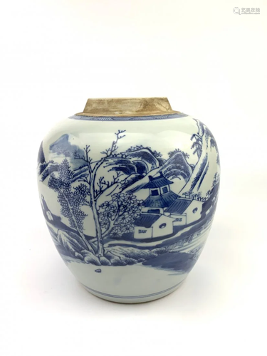 Chinese Blue & White Porcelain Landscape Jar