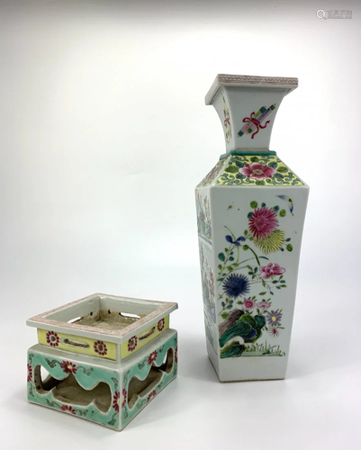 A FAMILLE ROSE SQUARE BALUSTER VASE AND STAND