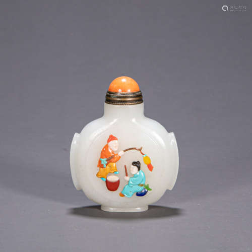 CHINESE WHITE JADE INLAID GEM SNUFF BOTTLE, QING DYNASTY