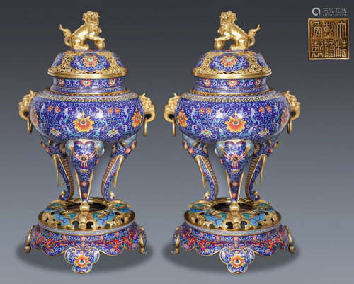 A PAIR OF CHINESE COPPER ENAMEL INCENSE BURNERS, QING DYNAST...