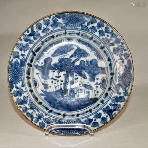 Antiquités chinoises, assiette bleu-blanc avec marque (d. 22...