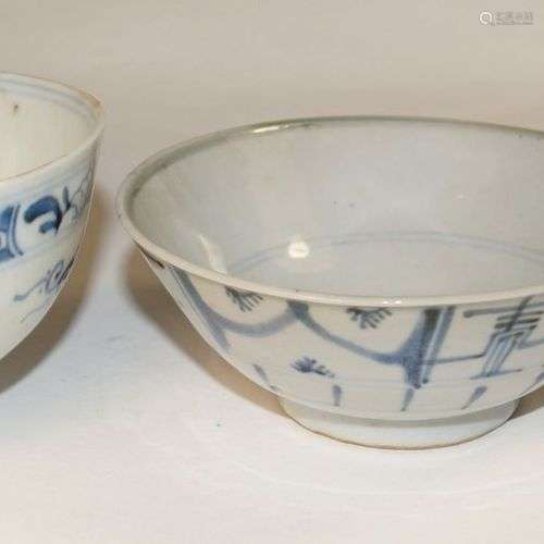 Antiquités chinoises, Deux bols bleu-blanc et un petit pot, ...