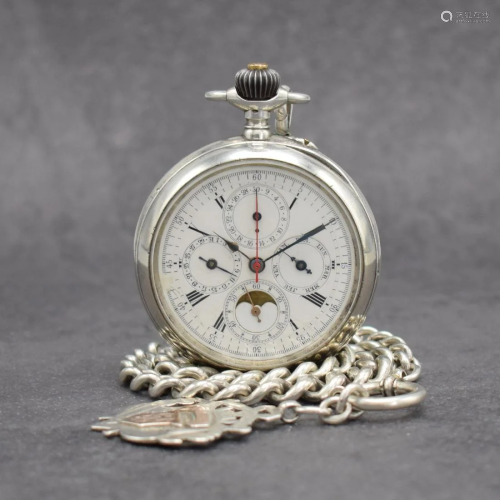 Open face pocket watch with complete calendar