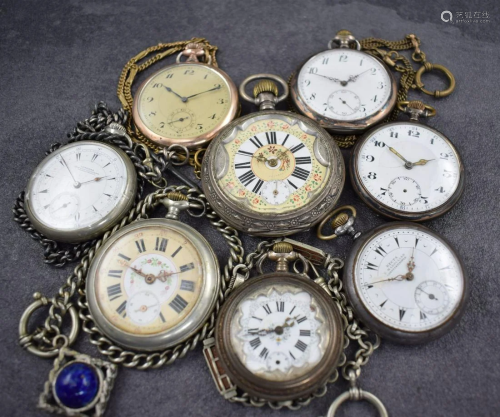 8 open face pocket watches in silver, nickel & iron