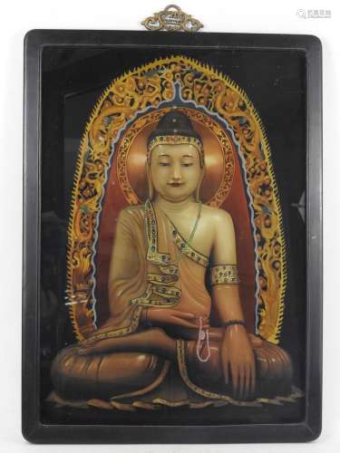 FIXE SOUS VERRE représentant bouddha. 59 x 43.5 cm.