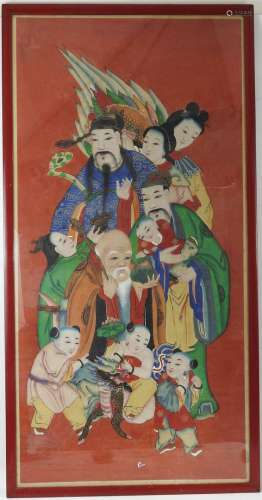 CHINE : Sages et enfants. Aquarelle sur papier. 119 x 59 cm....