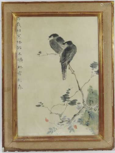 CHINE : Oiseaux branchés. Peinture sur soie. Signé. 62 x 42 ...
