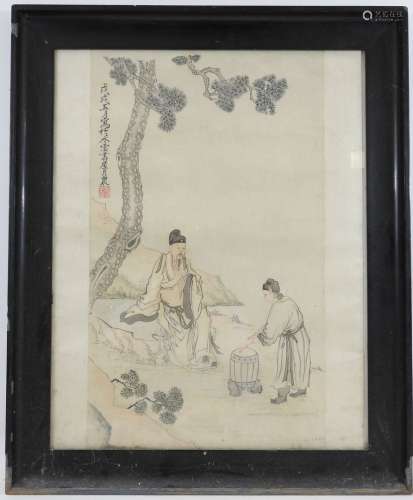 CHINE : Maître et élève. Peinture sur soie. Signé. 57 x 44 c...