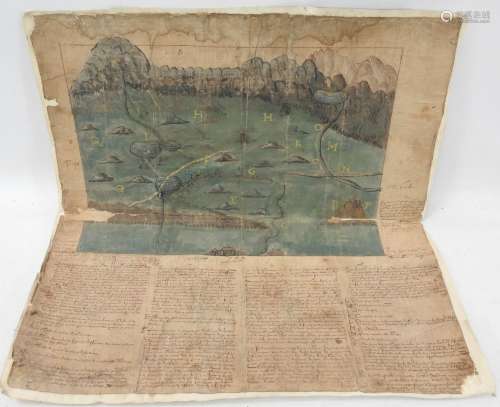 Carte d'une mer en Asie avec texte manuscrit. Aquarelle et e...