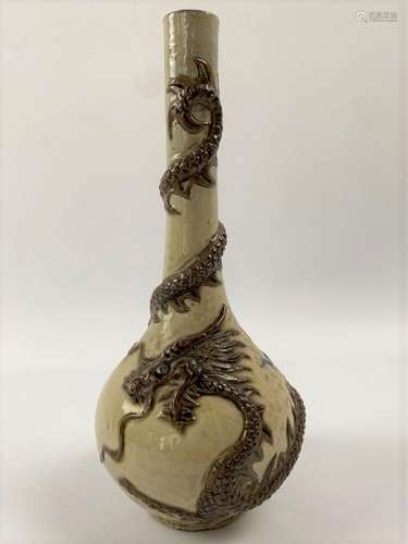 VASE BOUTEILLE EN PORCELAINE CRAQUELEE Chine Long col tubula...