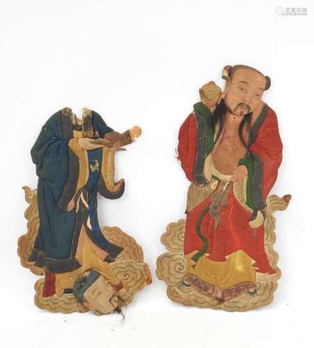 CHINE : Deux personnages en soie brodée et peinte. Haut.: 38...