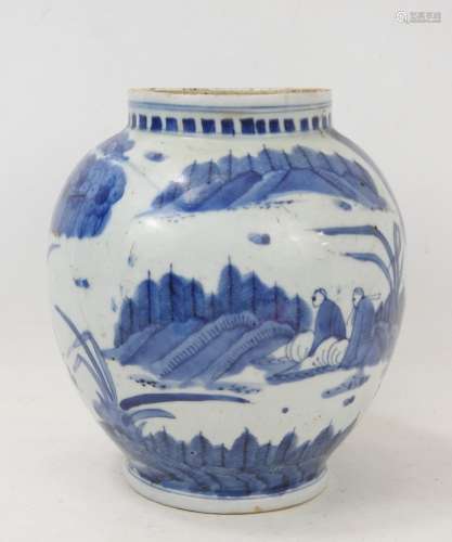 CHINE : Vase de forme boule en porcelaine blanc bleu à décor...