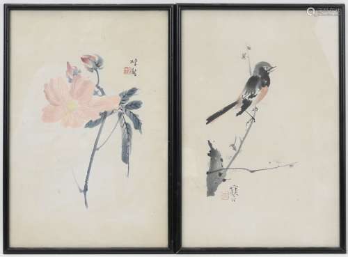 CHINE : Paire d'encres et aquarelles sur papier représentant...