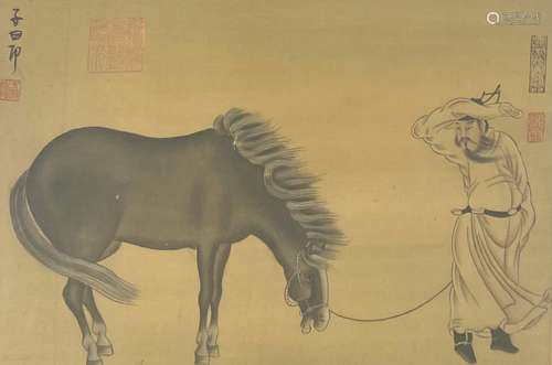 PEINTURE SUR SOIE Chine Homme promenant son cheval Cachets D...