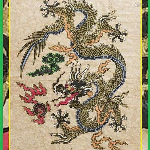 GRAND POCHOIR SUR PAPIER DONNANT A VOIR UN DRAGON A CINQ GRI...