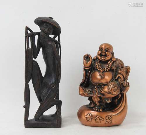 LOT comprenant un bouddha en métal et un paysan en bois scul...