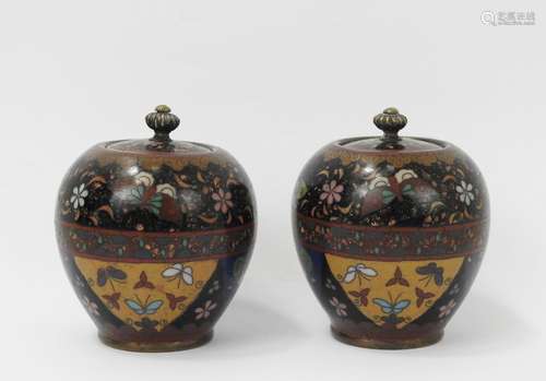 CHINE : Paire de petits vases couverts en émaux cloisonnés à...