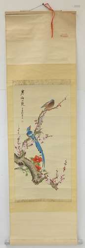 CHINE : Oiseaux branchés sur un cerisier. Aquarelle et encre...