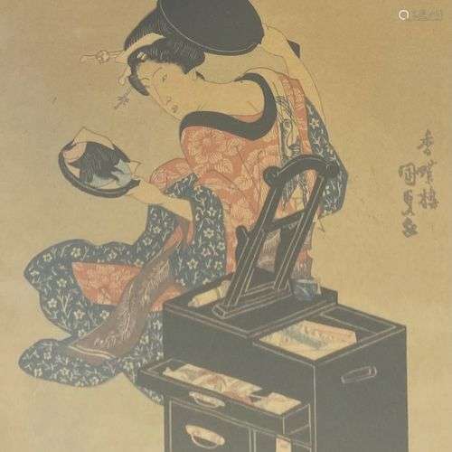 D'après Toyokuni III Kunisada Japon Geisha au miroir Estampe...