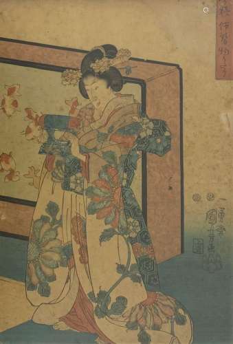 Utagawa Kuniyoshi (1797-1861): Oban tate-e, bijin debout dev...