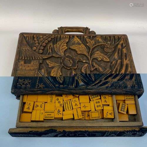 JEU DE MAHJONG AVEC SA BOITE EN BOIS SCULPTE Chine Pièce de ...