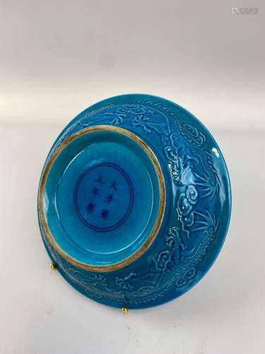 ASSIETTE CREUSE EN PORCELAINE CRAQUELEE BLEU TURQUOISE AUX D...