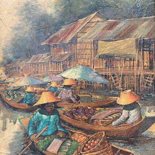 ECOLE DU SUD-EST ASIATIQUE Marché flottant Peinture sur pann...