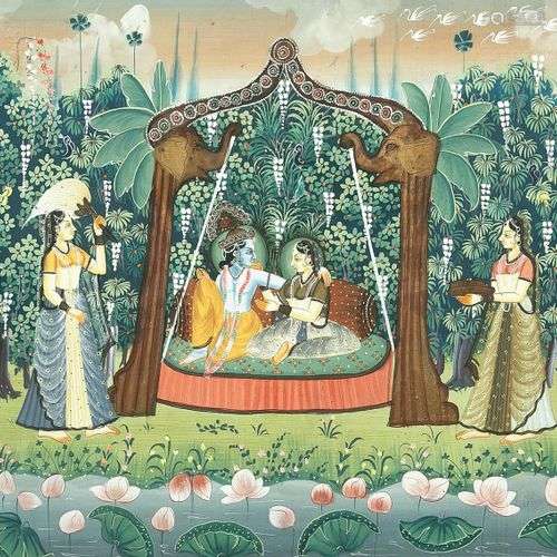 ECOLE INDIENNE (Moderne) Krishna et Radha Couleurs sur texti...