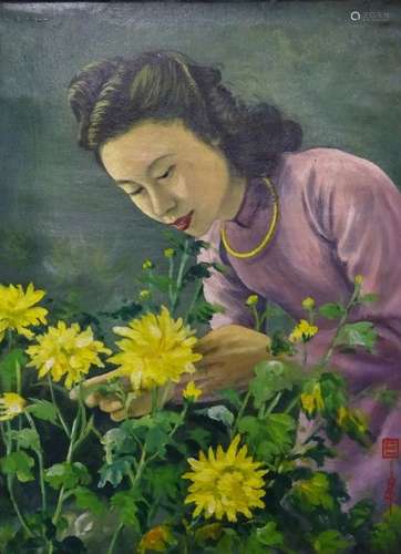 FEMME AUX CHRYSANTHEMES JAUNES Chine ou Vietnam Huile sur to...