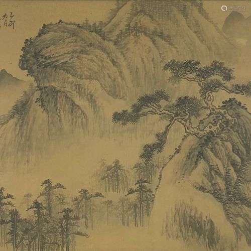 ECOLE CHINOISE Paysage rocheux Peinture sur soie Cachet en h...