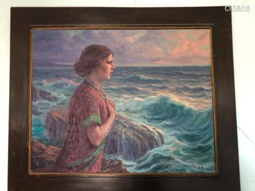 Primitif BONO (1890-1955) Femme de profil face à la mer Huil...