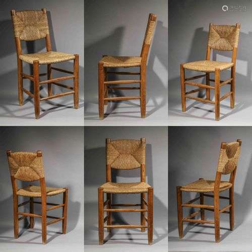 PERRIAND Charlotte (1903-1999) Suite de six chaises modèle n...