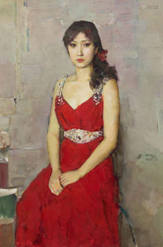 郭北平 穿红色舞裙的女模特 布面油画