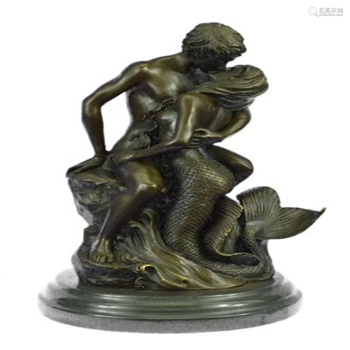 Nude Mermaid Meets Mortal Bronze Sculpture