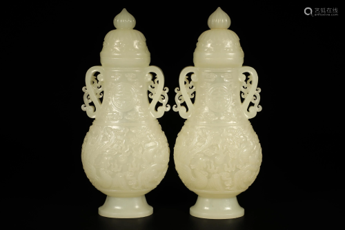 Pairs of Hetian White Jade Dragon and Phoenix Vase