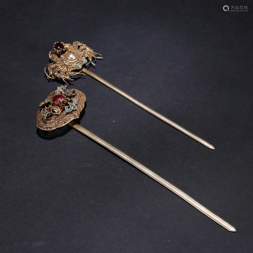 Pairs of Silver Gilding Ruyi and Flower Hairpin