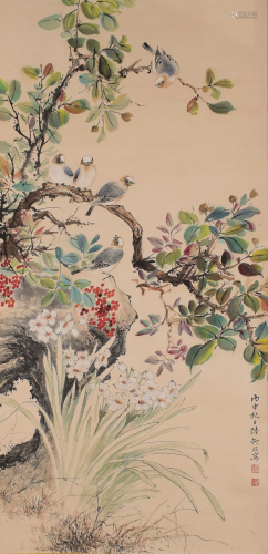 Lu Yifei Flower and Bird on Paper Hanging Scroll
