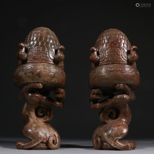 Pairs of Ancient Jade Mythical Creatures Oil Lamp