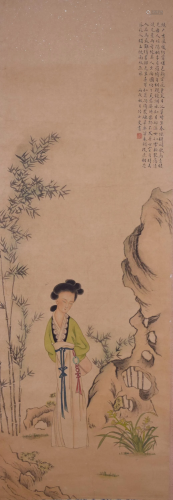 Lu Xiaoman Beauty Painting on Paper Hanging Scroll