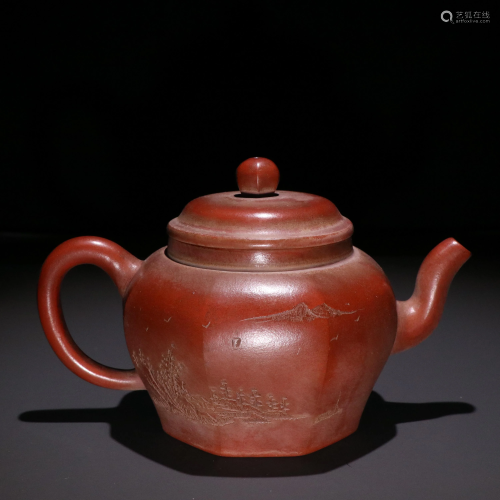 Gu Jingzhou Redware Landscape Teapot