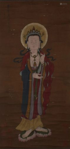 Wu Daozi Guanyin Painting on Silk Hanging Scroll