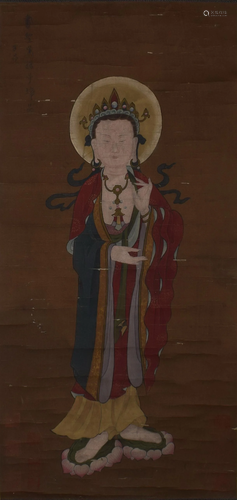 Wu Daozi Guanyin Painting on Silk Hanging Scroll