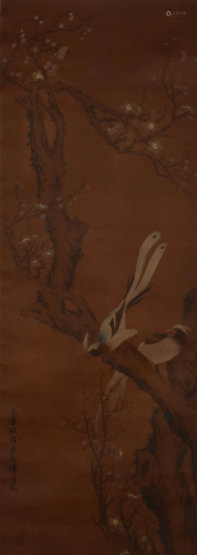 Lv Ji Flower and Bird on Silk Hanging Scroll