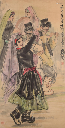 Huang Zhou Figures on Paper Hanging Scroll