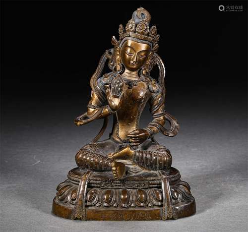 A QING DYNASTY BRONZE GILT KWAN-YIN STATUE